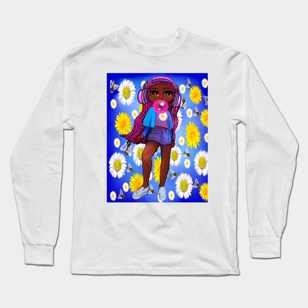 Beautiful Brown skin African American girl with Afro hair in 2 puffs blowing bubblegum and wearing headphones listening to music. Black girls rock, black girl magic,melanin poppin queen anime girl drawn in manga style Long Sleeve T-Shirt by Artonmytee